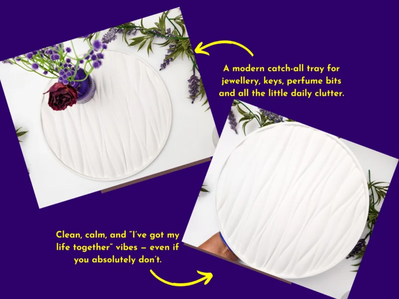 Ideal for” graphic showing the wave tray in two styled photos with yellow arrows and text on a purple background.