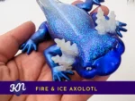 KNC-AXO-ICE-00102_Primary-Listing-Image Close-up of the Ice axolotl in a hand with blue glitter body and translucent frills, with โFIRE & ICE AXOLOTLโ banner and KN logo.