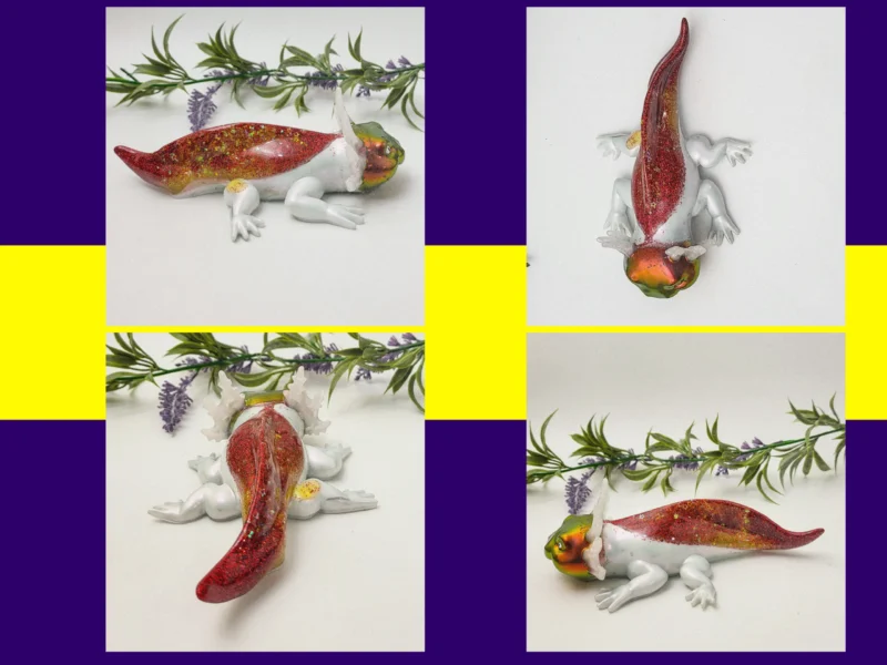Four-photo grid of the Fire axolotl showing multiple angles on a white background with greenery.