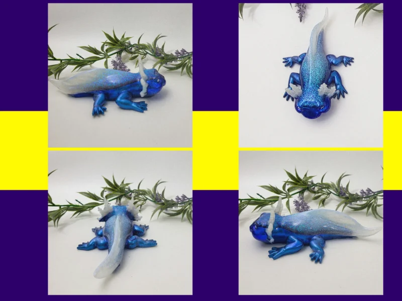 Four-photo grid of the Ice axolotl from angled top-down views on a white background.