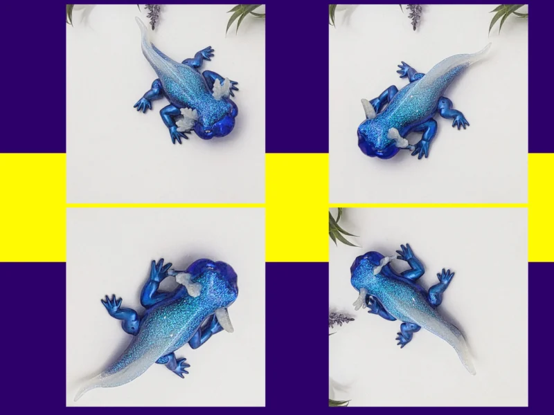 Four-photo grid of the Ice axolotl from angled top-down views on a white background.