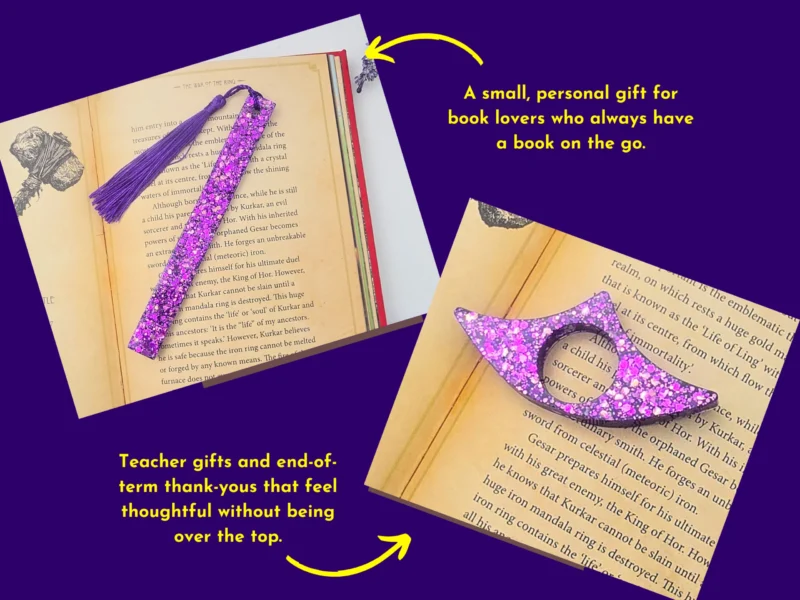 Lifestyle “ideal for” graphic showing a purple glitter bookmark and e-reader grip with callouts on a purple background.