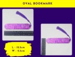 06_Product-Sizing (2) Oval bookmark size graphic showing a purple glitter oval bookmark next to rulers (labelled โOval Bookmarkโ).