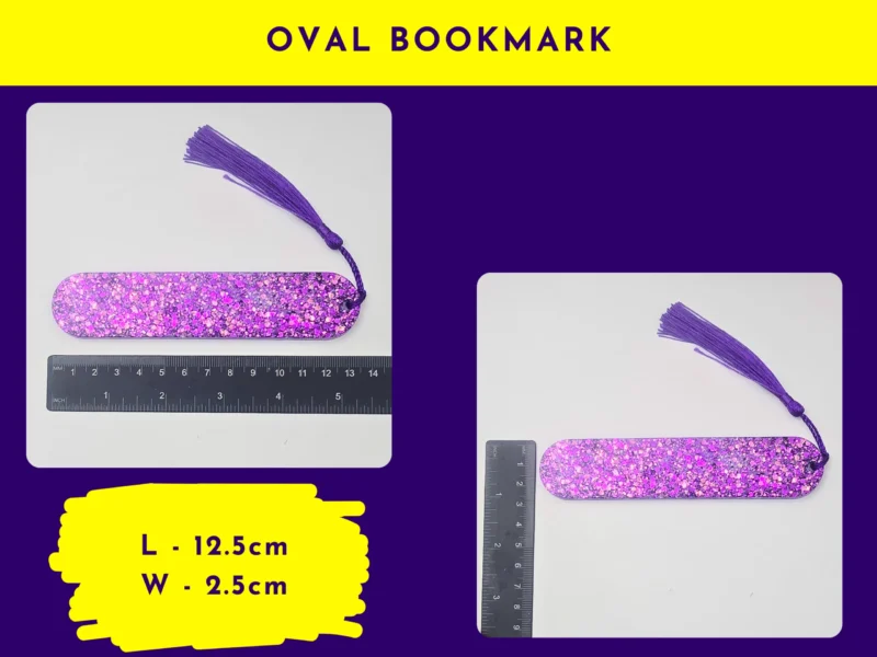 Oval bookmark size graphic showing a purple glitter oval bookmark next to rulers (labelled “Oval Bookmark”).