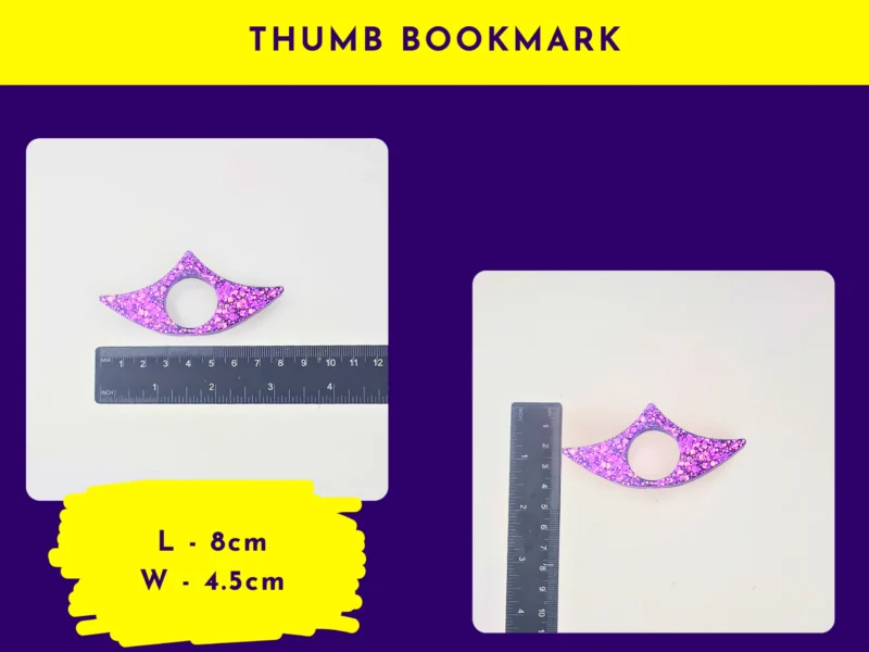 Thumb bookmark size graphic showing a purple glitter thumb bookmark next to rulers (labelled “Thumb Bookmark”).