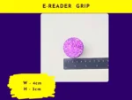 06_Product-Sizing (5) E-reader grip size graphic showing a round purple glitter e-reader grip next to rulers (labelled โE-reader Gripโ).