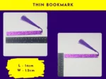 06_Product-Sizing Thin bookmark size graphic showing a purple glitter thin bookmark next to rulers (labelled โThin Bookmarkโ).