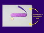 07_Coin-Scale.jpg Purple glitter bookmark beside a coin for scale, with arrows highlighting the coin size reference.
