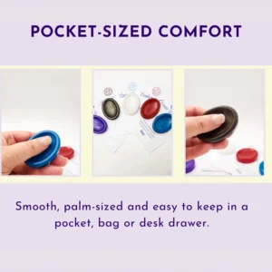 Three close-up views of resin worry stones held in the hand to show palm-sized scale, smooth finish, and tactile use.