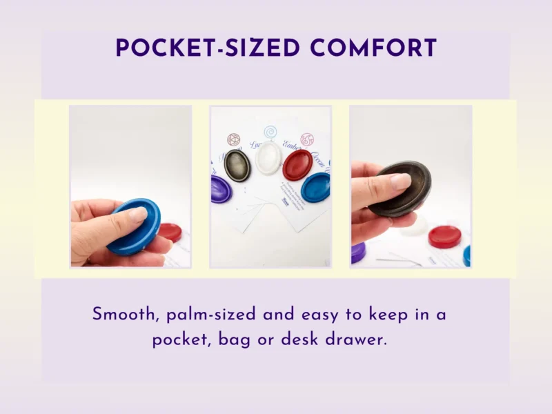 Three close-up views of resin worry stones held in the hand to show palm-sized scale, smooth finish, and tactile use.