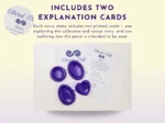 Purple resin worry stones displayed with two printed explanation cards describing the collection, colour story, and intended use.