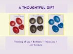 Three resin worry stone colour options shown as thoughtful gift choices for thinking of you, birthday, thank you, and just because gifting.