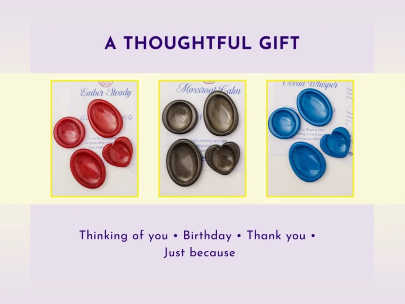 Three resin worry stone colour options shown as thoughtful gift choices for thinking of you, birthday, thank you, and just because gifting.