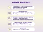 Order timeline card explaining made-to-order timing, processing, packaging, and dispatch information.