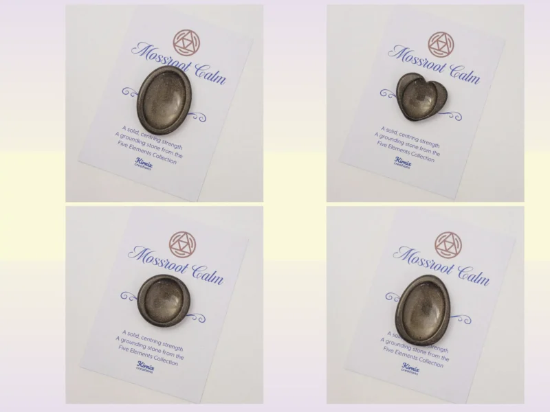 Brown resin worry stone variation grid showing colour and shape options on backing cards.