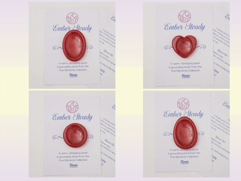 Red resin worry stone variation grid showing colour and shape options on backing cards.