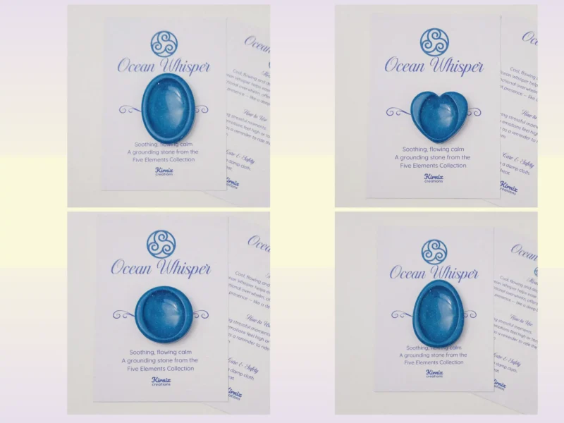 Blue resin worry stone variation grid showing colour and shape options on backing cards.