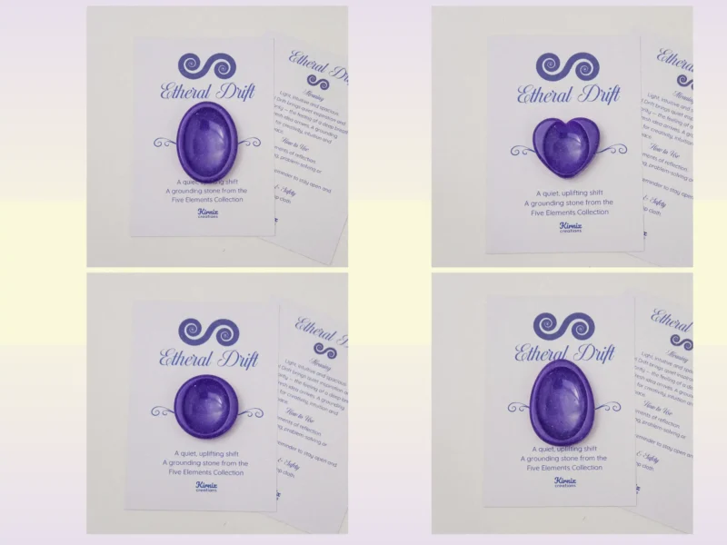 Purple resin worry stone variation grid showing colour and shape options on backing cards.
