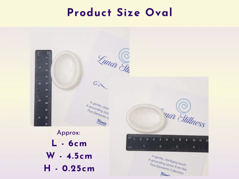 Oval resin worry stone size guide with ruler and measurements in centimetres.
