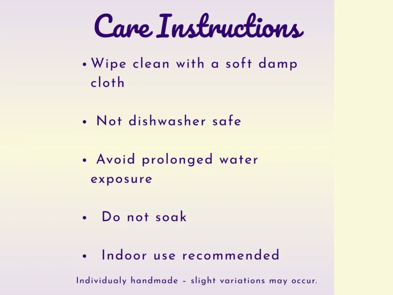 Care instructions card for resin worry stones covering cleaning, water exposure, and indoor use guidance.