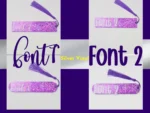 Grids Font options graphic showing Font 1 vs Font 2 personalisation examples on a purple glitter bookmark.