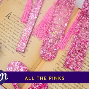 “All the Pinks” hero image showing the full pink glitter set on an open book with banner text.