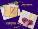 Lifestyle graphic showing pink glitter bookmark and e-reader grip with “ideal for” callouts on a purple background.
