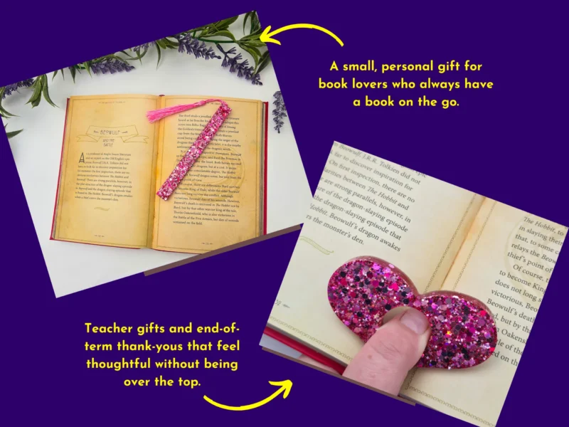 Lifestyle graphic showing pink glitter bookmark and e-reader grip with “ideal for” callouts on a purple background.