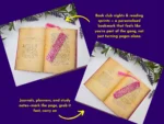 Lifestyle graphic showing pink glitter bookmark in an open book with “ideal for” callouts.