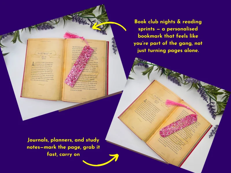 Lifestyle graphic showing pink glitter bookmark in an open book with “ideal for” callouts.