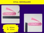 Oval bookmark size graphic showing pink glitter oval bookmark next to rulers (labelled “Oval Bookmark”).