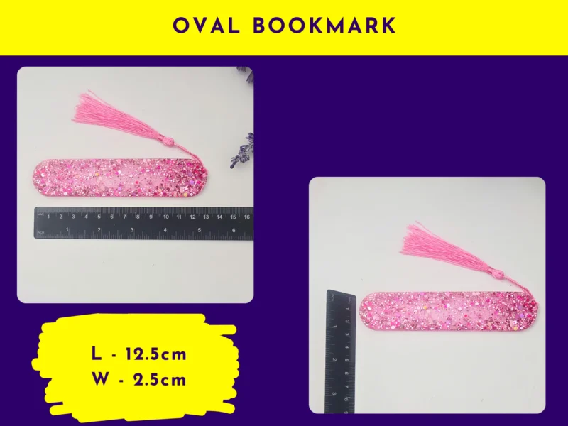 Oval bookmark size graphic showing pink glitter oval bookmark next to rulers (labelled “Oval Bookmark”).