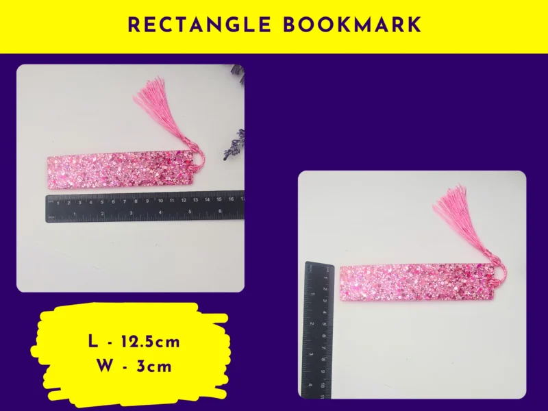 Rectangle bookmark size graphic showing pink glitter rectangle bookmark next to rulers (labelled “Rectangle Bookmark”).
