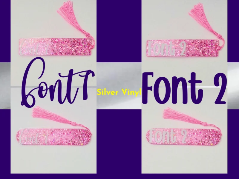 Font options graphic showing Font 1 vs Font 2 personalisation examples on pink glitter bookmarks.