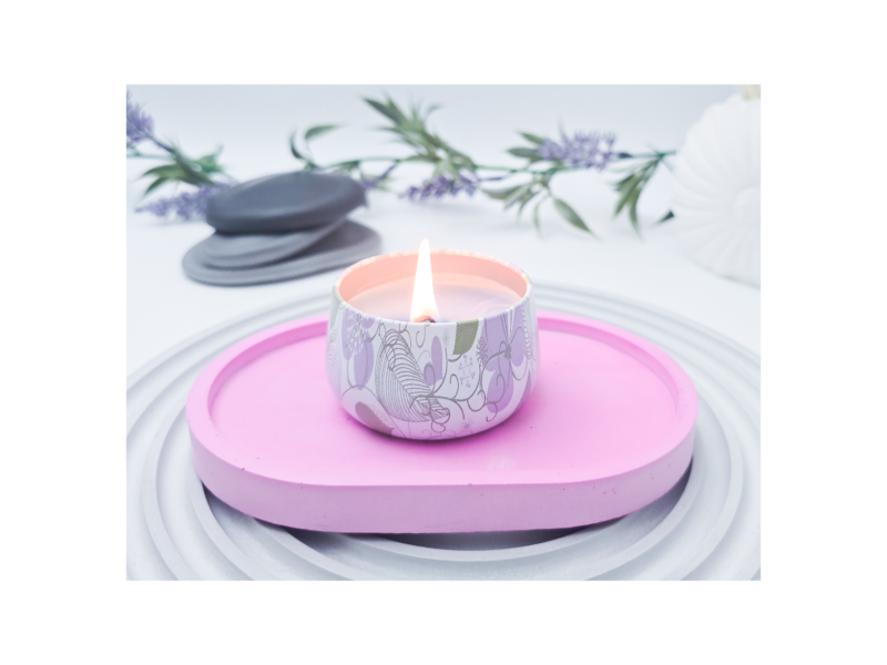 Image 1: Pink small oval catchall tray styled with a candle and marbled holder