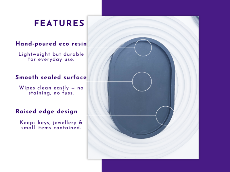 Image 6: Feature graphic showing a navy oval tray with notes on finish and raised edge