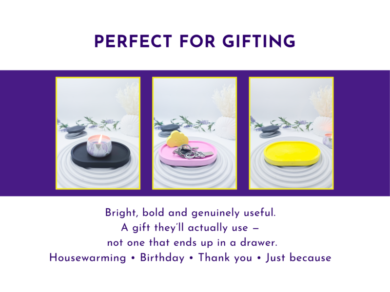 Image 18: Gifting graphic showing three small oval trays in different colours