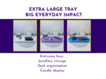 Graphic showing extra large oval tray uses including entryway storage, jewellery storage, desk organisation, and candle display.