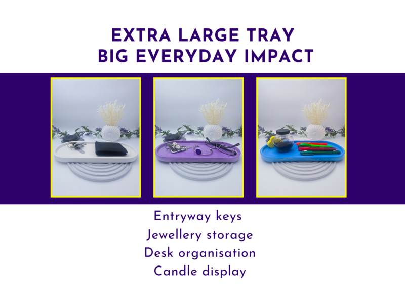 Graphic showing extra large oval tray uses including entryway storage, jewellery storage, desk organisation, and candle display.