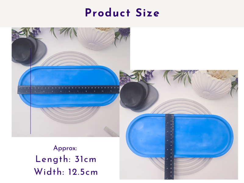 Blue extra large oval tray measured with a ruler to show approximate size.