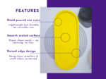 Feature graphic showing a yellow oval tray and details including eco resin, sealed surface, and raised edge.