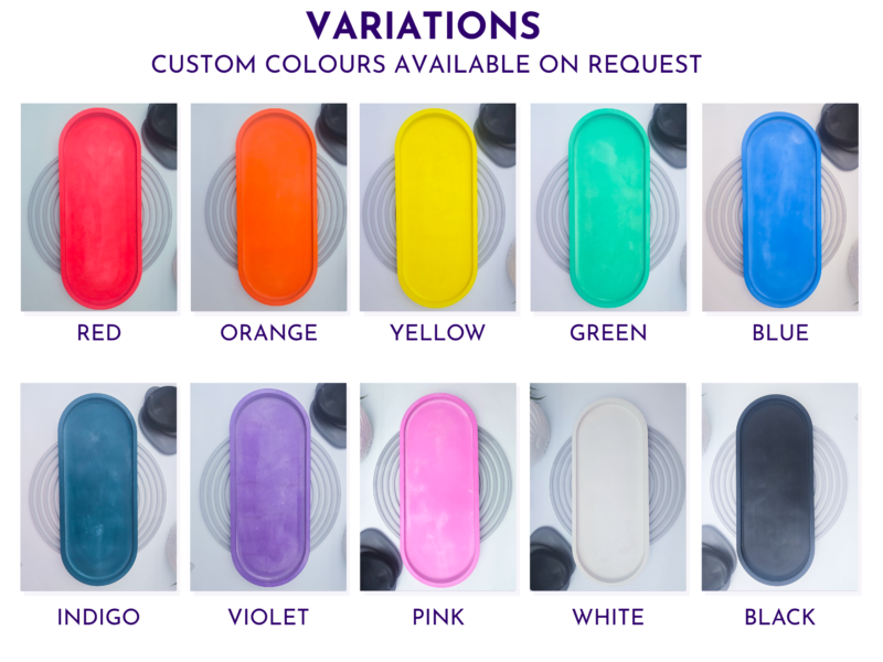Colour options graphic showing oval trays in red, orange, yellow, green, blue, indigo, violet, pink, white, and black.