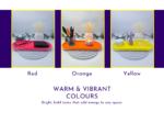 Colour range graphic showing warm and vibrant oval tray options in red, orange, and yellow.