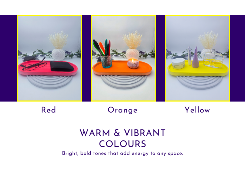 Colour range graphic showing warm and vibrant oval tray options in red, orange, and yellow.