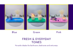 Colour range graphic showing fresh everyday tones in blue, green, and pink.