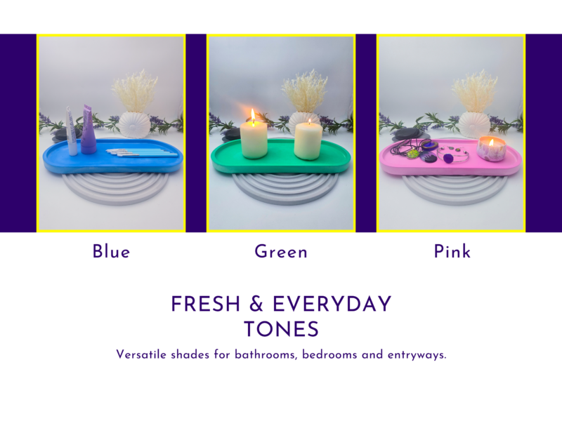 Colour range graphic showing fresh everyday tones in blue, green, and pink.