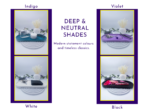 Colour range graphic showing deeper and neutral oval tray options in white, violet, and black.