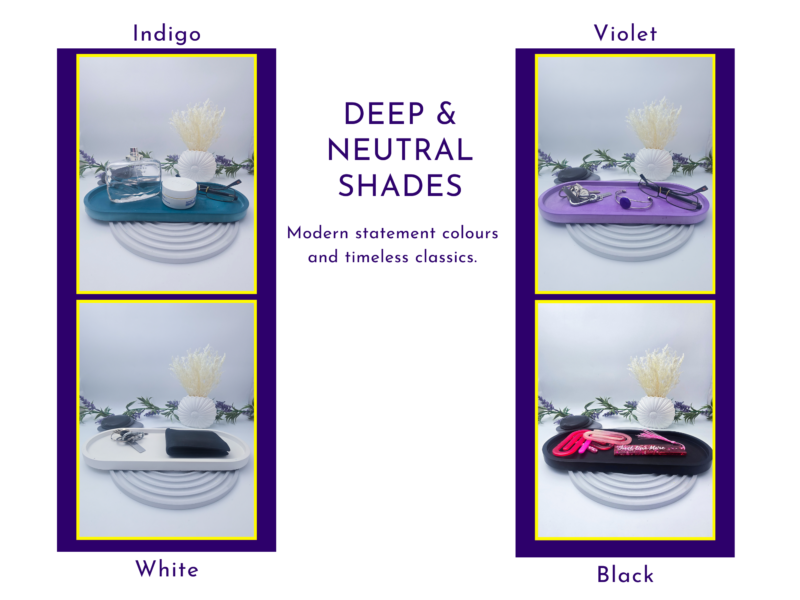 Colour range graphic showing deeper and neutral oval tray options in white, violet, and black.