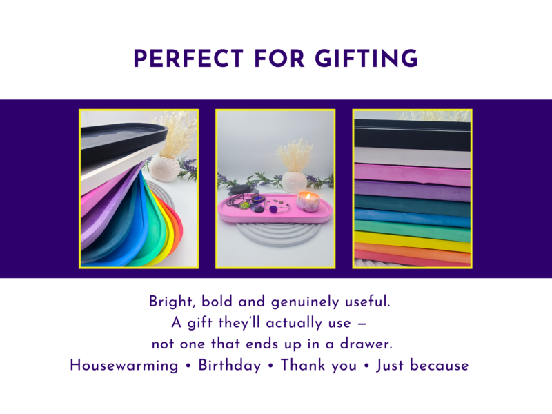 Gifting graphic showing colourful oval trays as thoughtful homeware gifts.