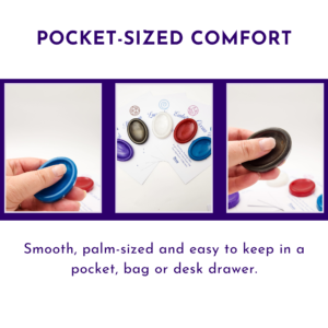 Blue resin worry stone shown in a hand, with other worry stones and printed cards in the background.